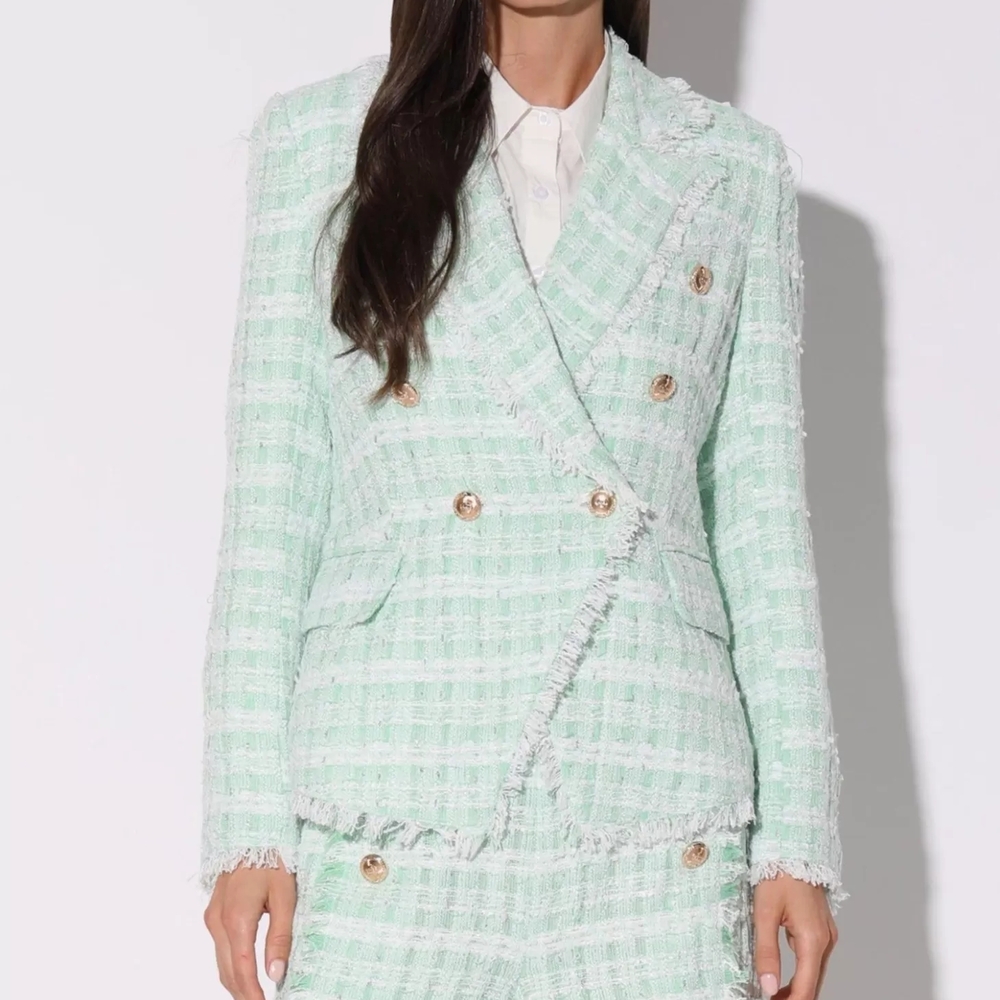 NEW * Walter Baker Mint Green Sparkle Tweed Double-Breasted Blazer Jacket (S)